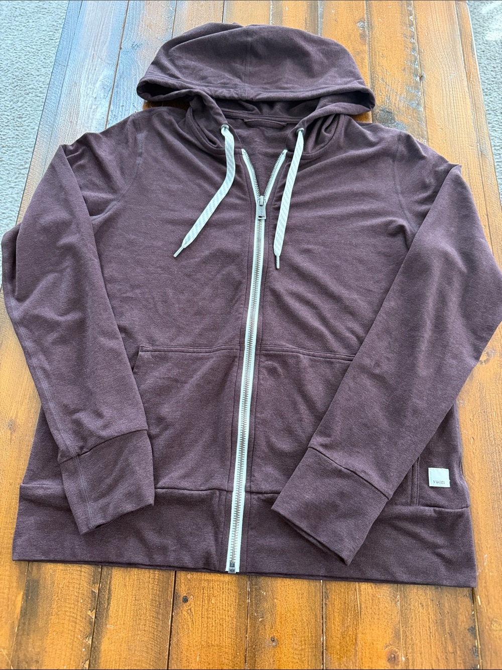 Vuori Zip-Up Hoodie in Deep Brown with Cream Drawstrings